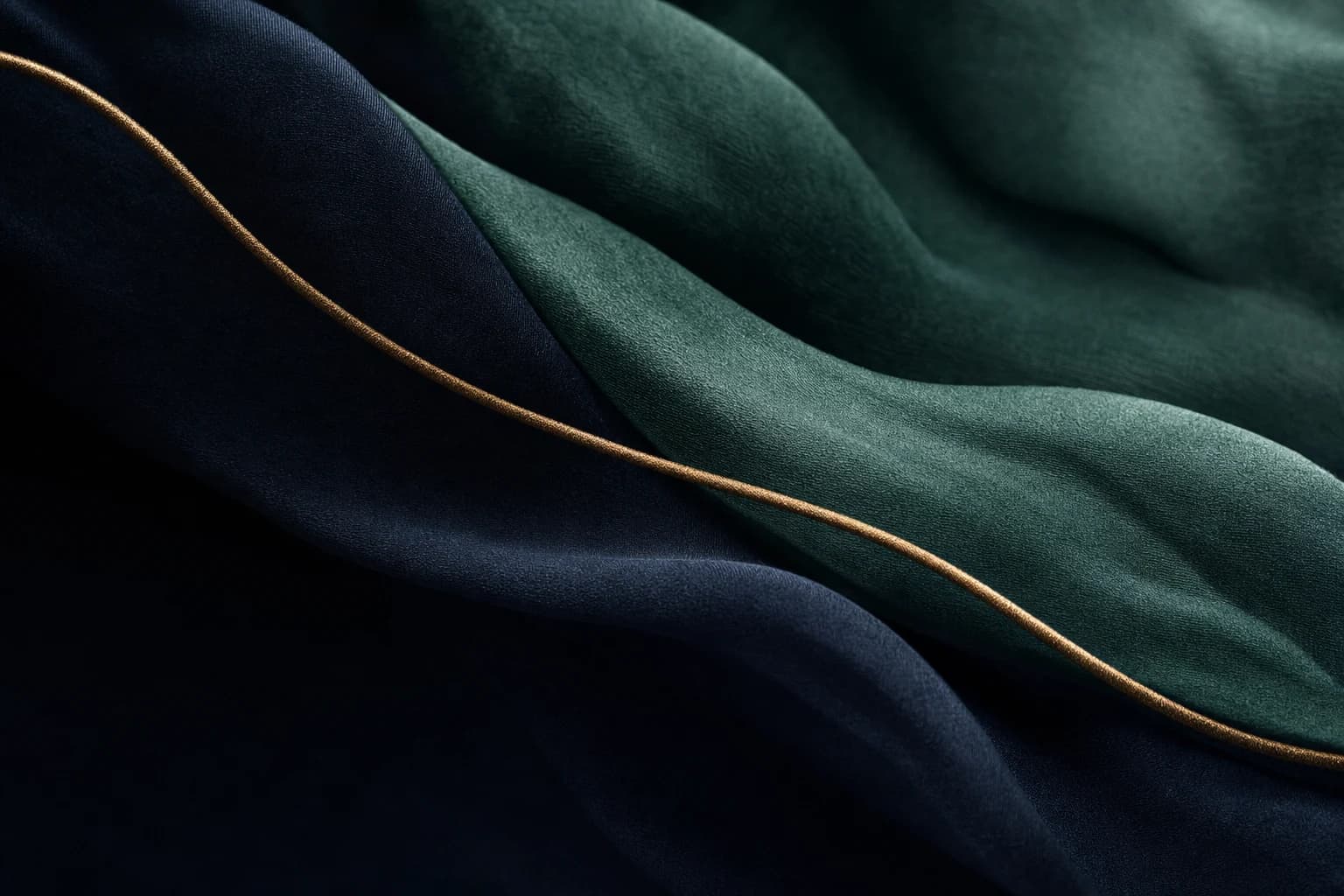 Deep midnight and teal forms connected by a fine gold thread