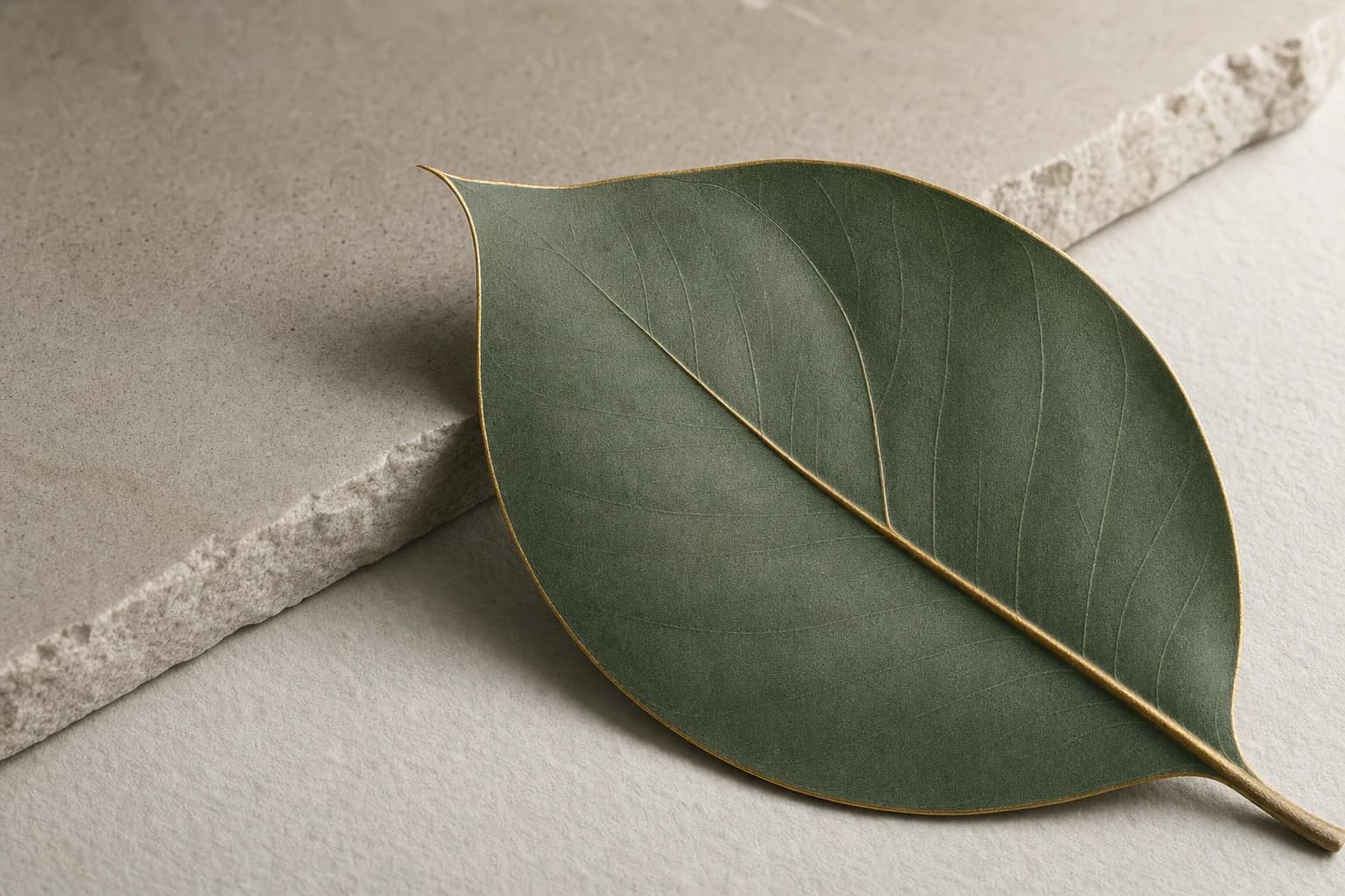 A sage green leaf with a fine gold edge vein