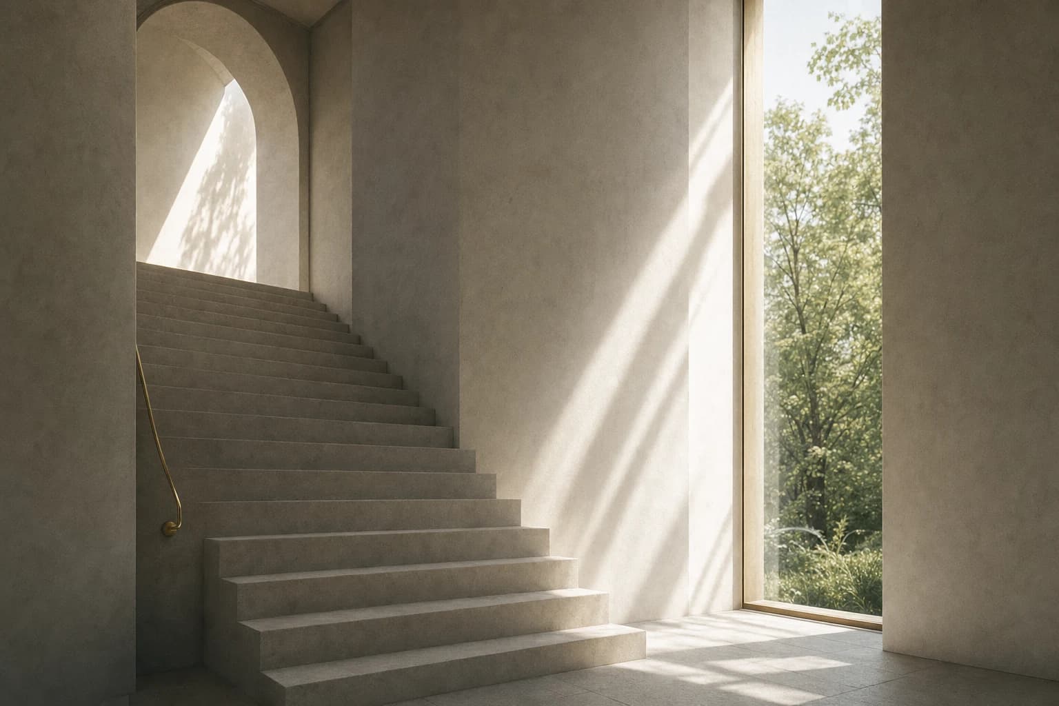 A quiet stone stair and tall window filled with soft daylight